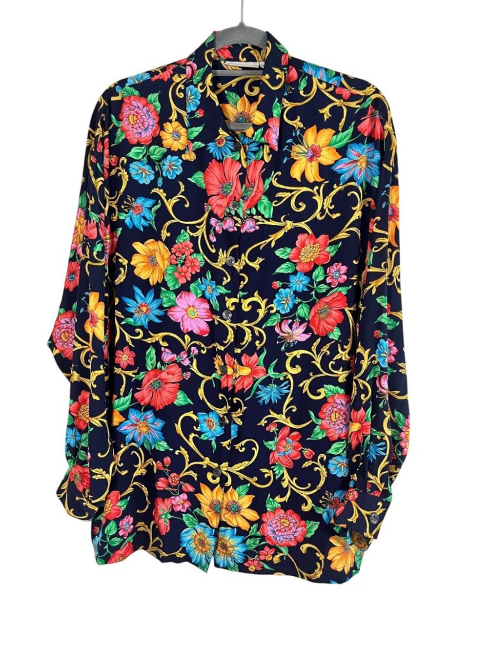 Colorful Floral Shirt M 90s Ornate Cottage Renaissance Bright Classic Chic Artsy